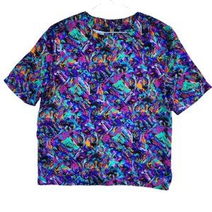 Vintage Shara Neon Multi Color Abstract Short Sleeve Soft Girl Top ♥️